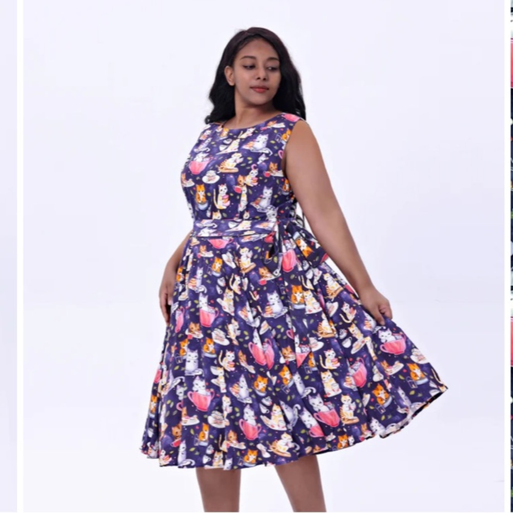 Miss Lulo RUBY CATS TEA TIME Dress Pockets Kittens Teacups Retro Vintage Purple
